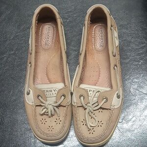 Sperry.  Top Sider, Tan and Cream leather deck shoes. Size 7.5 M